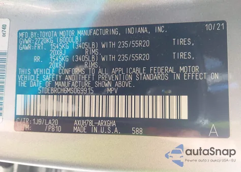 2021 Toyota Highlander Hybrid Platinum из США, поврежденный, VIN 5TDEBRCH6MS069915